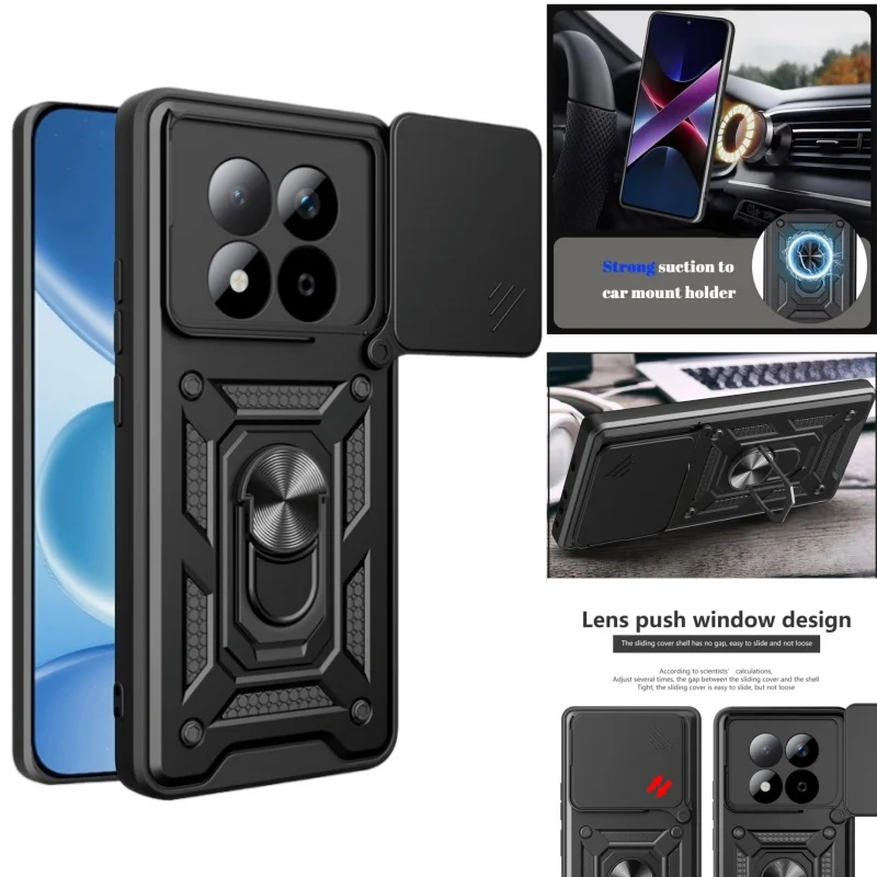 

Armor Shockproof Slide Lens Cover Capa Funda For Xiaomi Redmi Note 15 Pro 5G 4G Note 14 Pro+ Plus Magnet Car Holder Ring Case