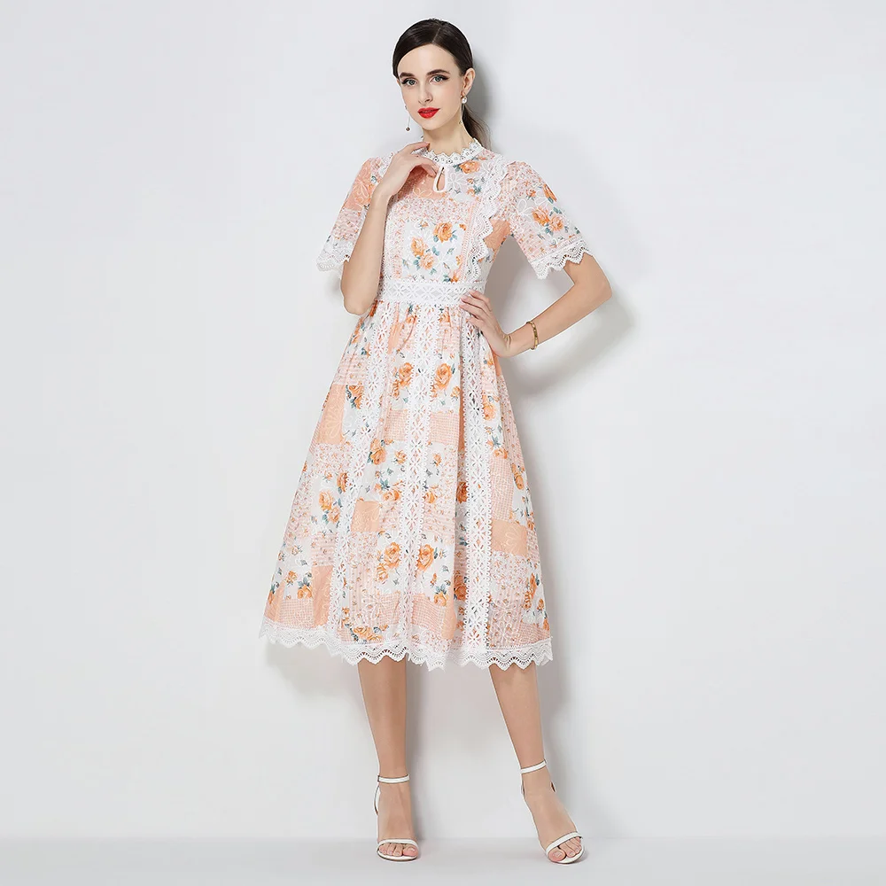 

Summer Autumn Holiday Hollow Out Flower Embroidery Lace Evening Prom Dress Women Short Sleeve Midi Long Party Vestidos