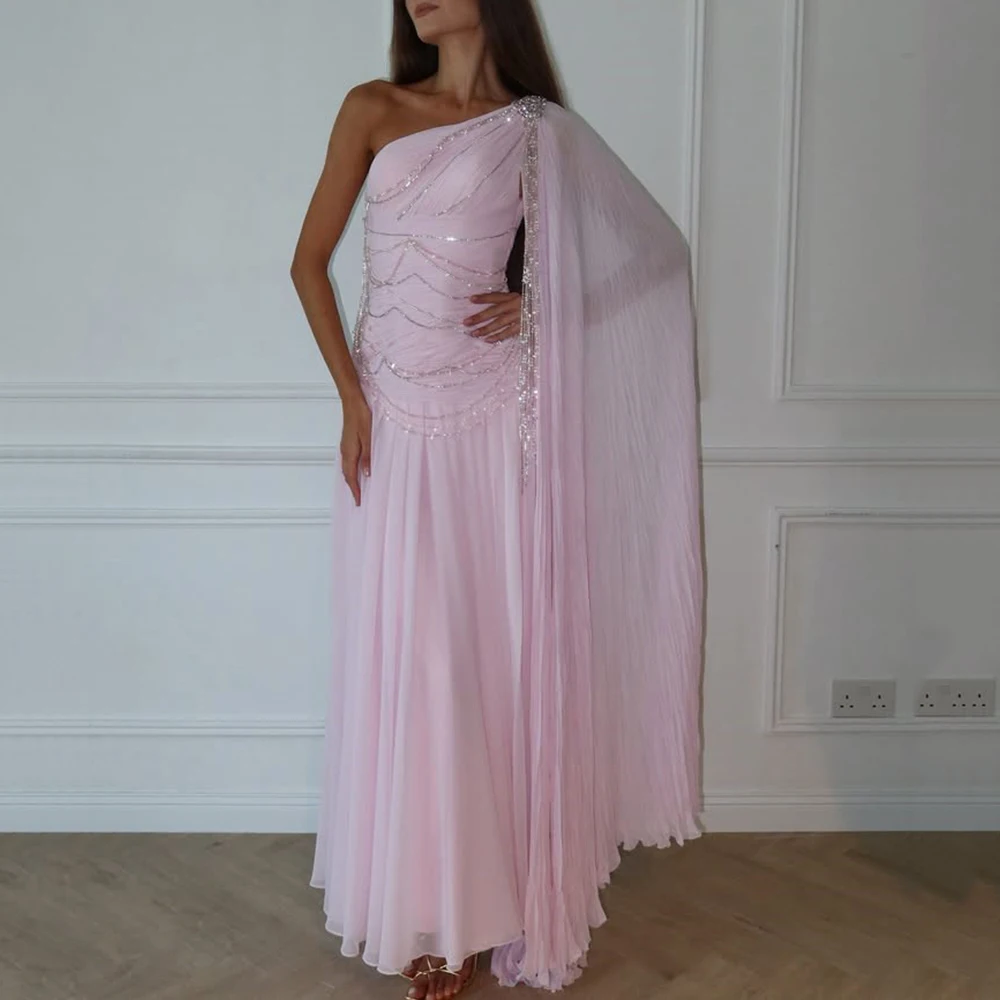 

Exquisite One Shoulder Customized Evening Dress Pleat and Beading Chiffon A-Line Ankle Length Women Party Guest Formal Gowns