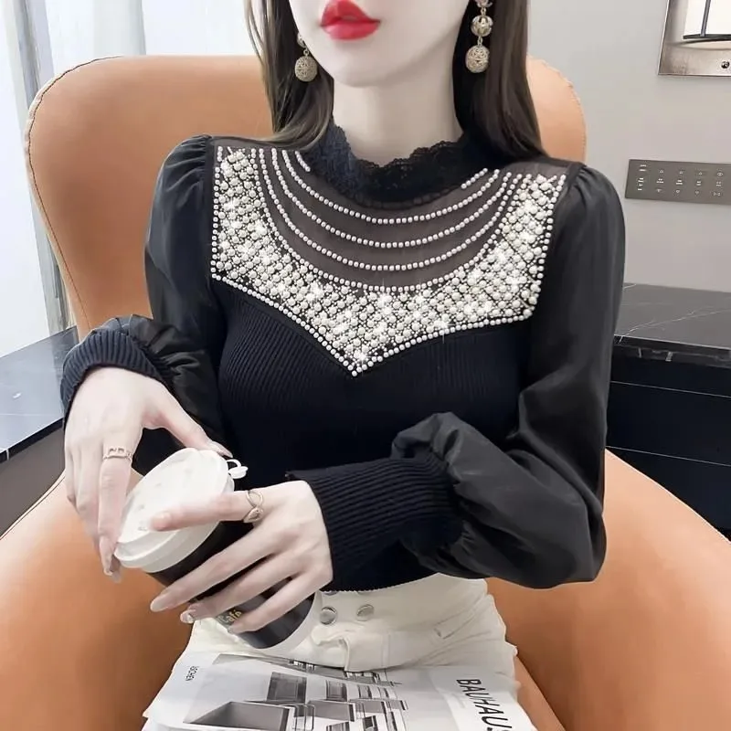 

New Long-sleeved Lace Spliced Sweater with Heavy Beading Western Style Ladylike Temperament Slim Top for Women