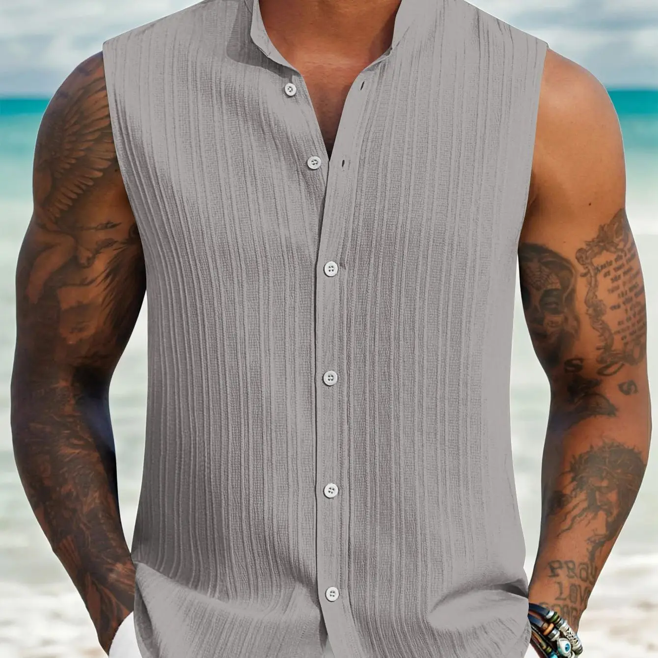 

Men Sleeveless Button Down Shirt Casual Linen Vest Summer Beach Wear Light Gray Turn Down Collar Loose Fit