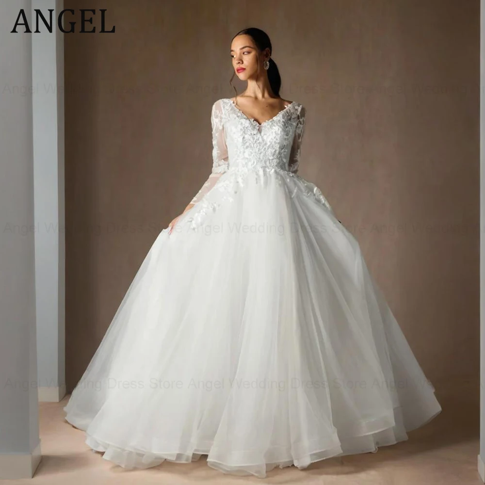 

ANGEL Charming Customized Wedding Dress for Bride 2025 A-Line V-Neck Tulle Lace Up Appliques Bridal Gown Lace UVestidos De Noiva