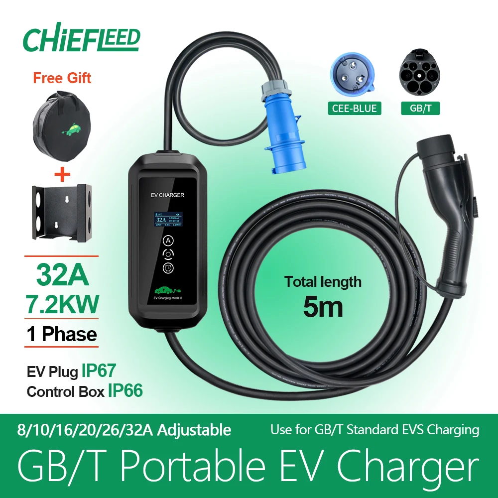 

Chiefleed Electric Vehicle Car Charger EVSE Wallbox 32A 7.2KW Power Plug 5m Charging Box Plug 1Phase EV Portable Charger GB