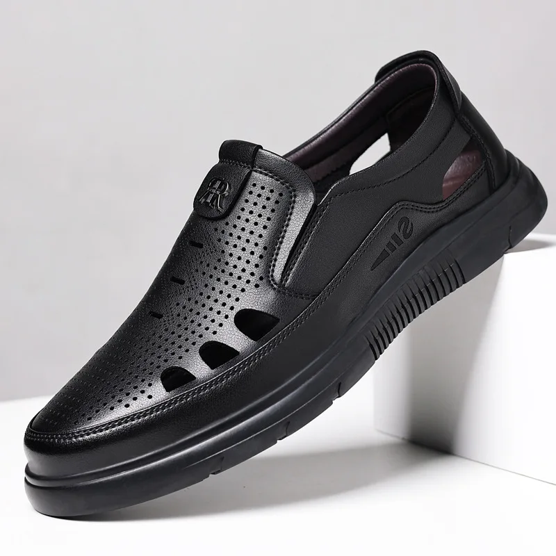 

Весна-лето, новые дизайнерские кожаные туфли Hallow для мужчин, модные повседневные босоножки, мужские однотонные деловые туфли, мужская обувь