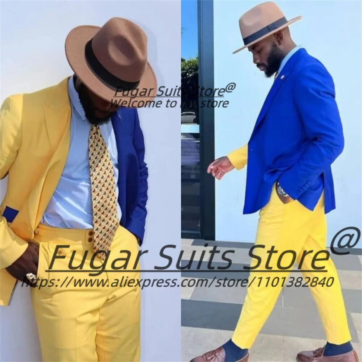 

Casual Yellow Blue Men Suits Slim Fit Tailor Made Groom Prom Party Tuxedos 2 Pieces Sets Fashion Male Blazers trajes para hombre