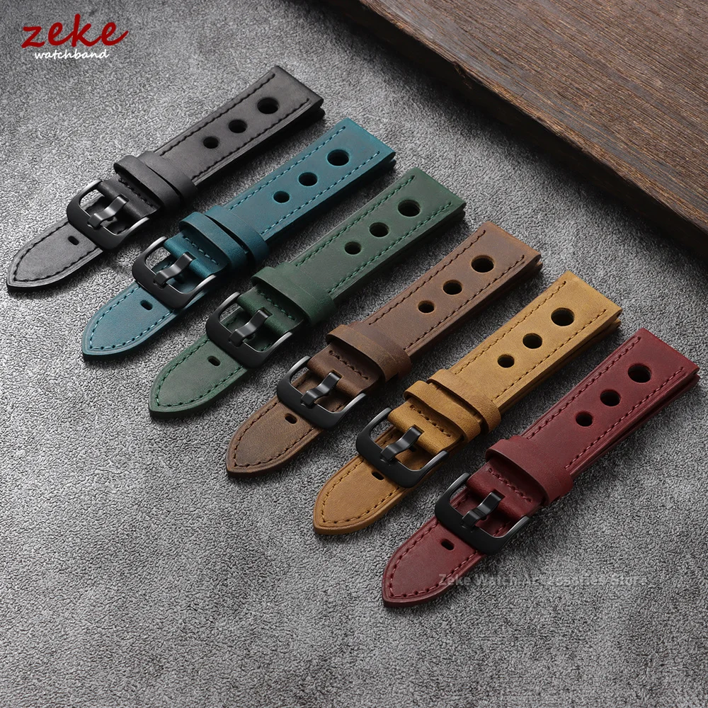 18mm 20mm 21mm 22mm 24mm Black Brown Breathable Porous Watchbands for Seiko for DW Watch Strap Vintage Racing Leather Watch Band