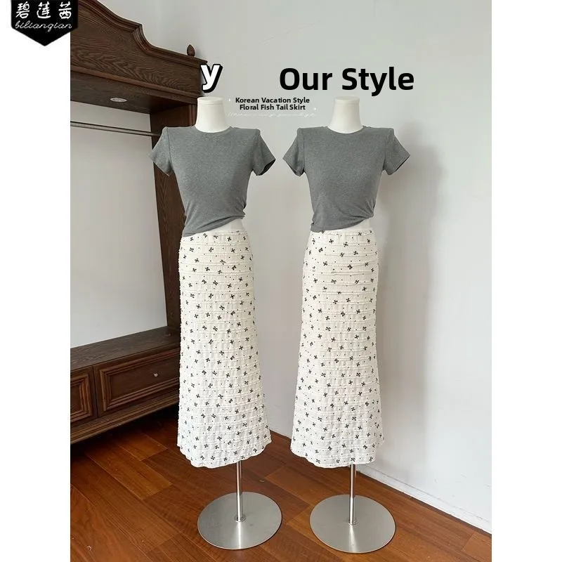 

Белая юбка с цветочной вышивкой и кружевным бантом, приталенная, длинная, для весны и лета, для повседневной носки, многоярусная юбка-«торт»