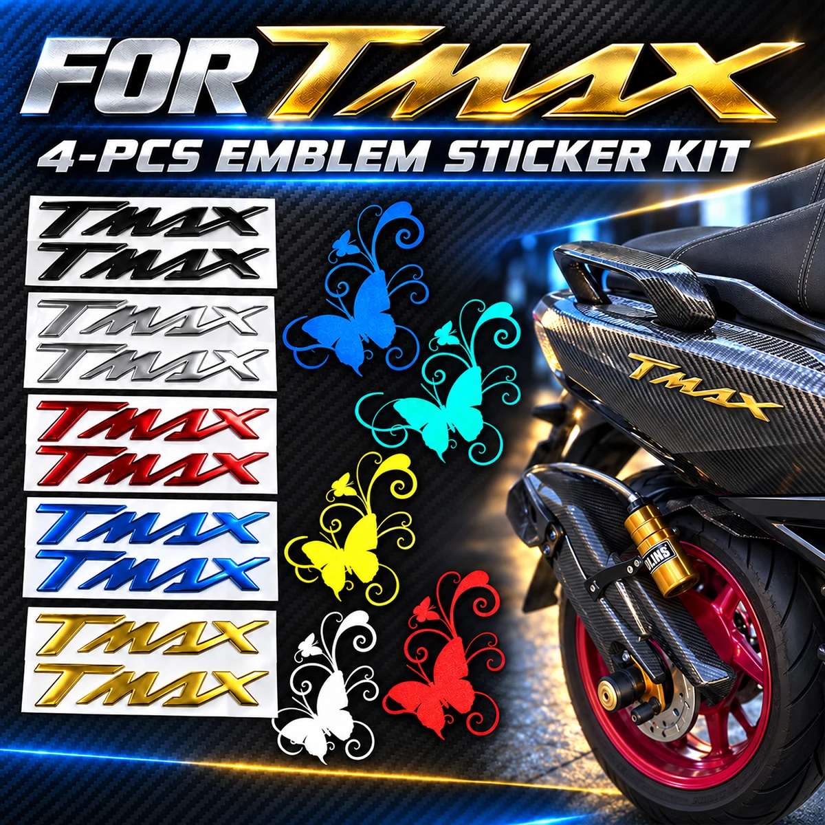 For TMAX 500 530 560 Soft Adhesive Body Parts Motorcycle 3D Sticker Moto Tank Side Strips Logo Emblem Reflective Butterfly Decal
