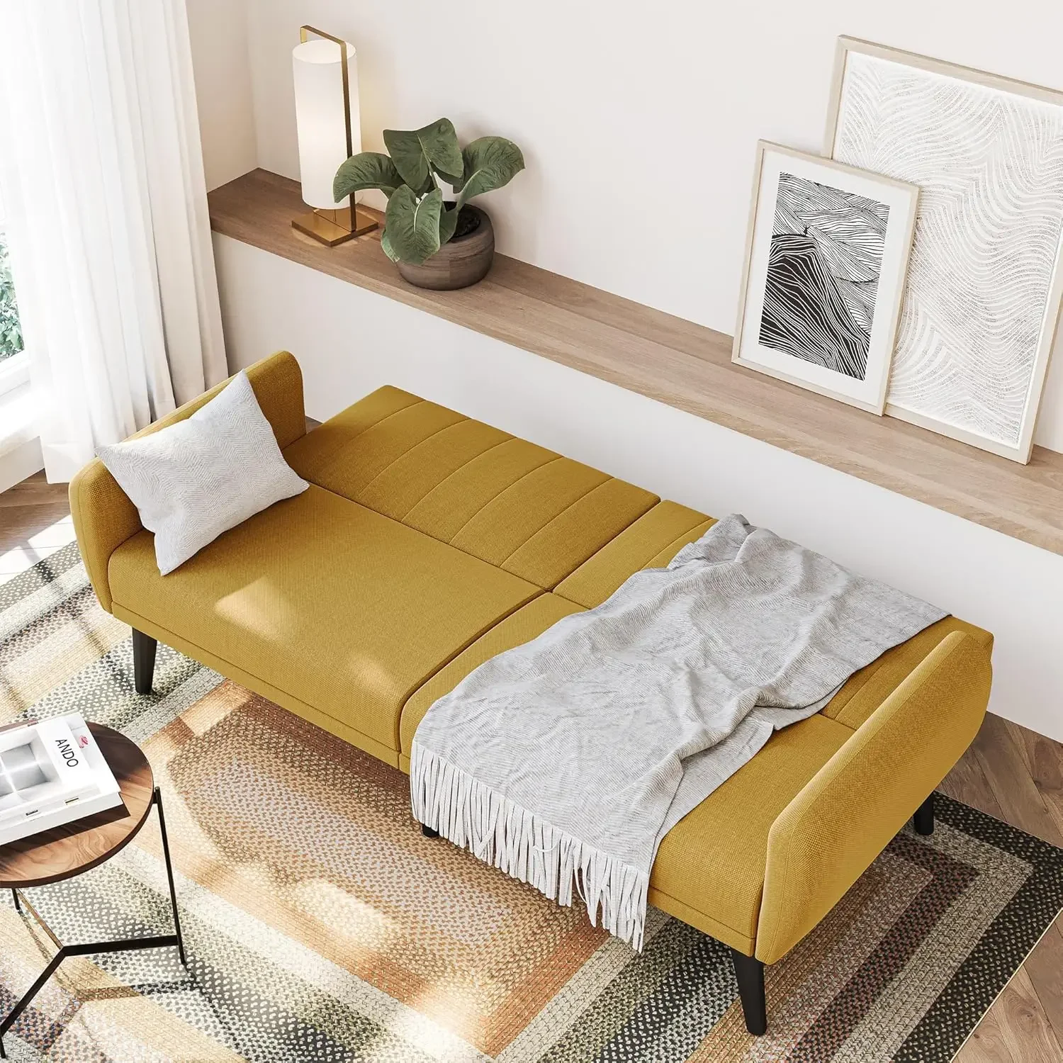 Adjustable Folding Sofa Bed, Upholstered Modern Convertible Futon, Sleeper Sofa for Living Room, Guest Room, Garage - (Yellow)