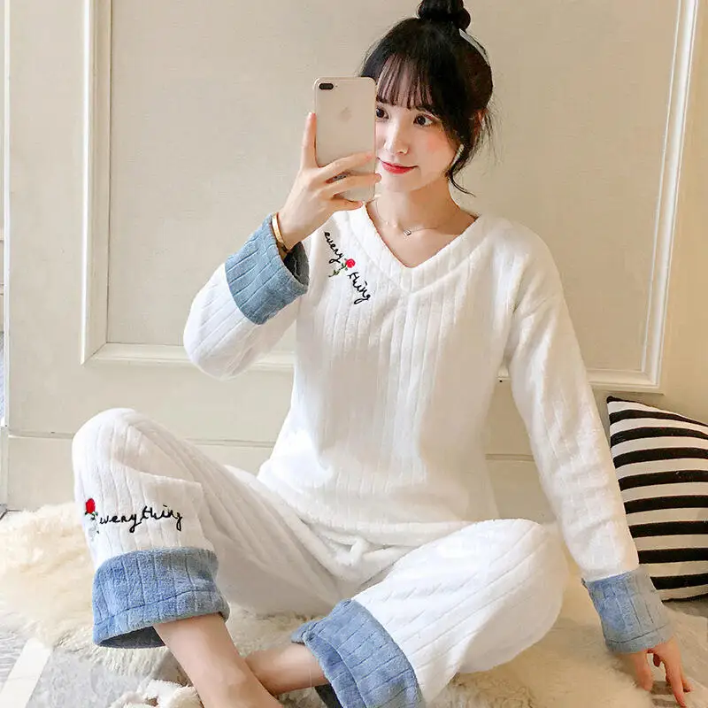 2026 Women Autumn Winter Fashion Comfort Long Sleeve Home Clothes Set Korean Version V Neck Hoodie Warm Large Pants Pajama Set