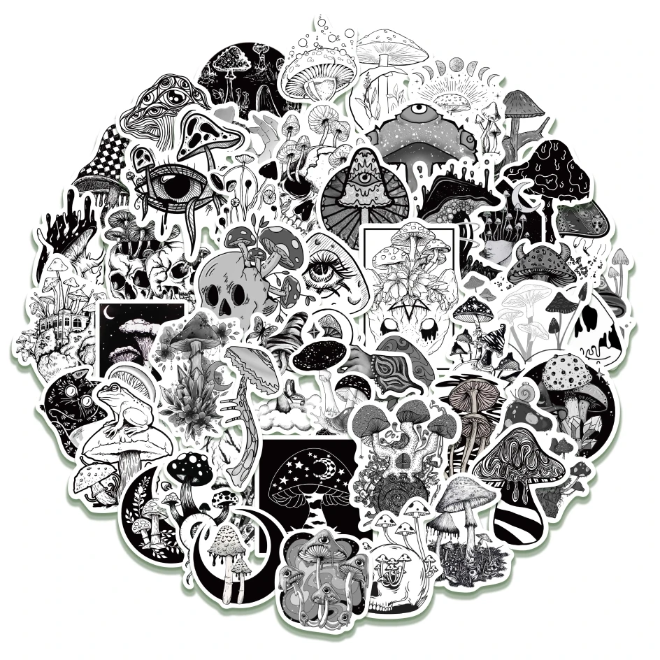 10/50PCS Cartoon Black and White Gothic Horror Mushroom Stickers Laptop Guitar Skateboard Waterproof Decal Sticker Pack Kid Toy