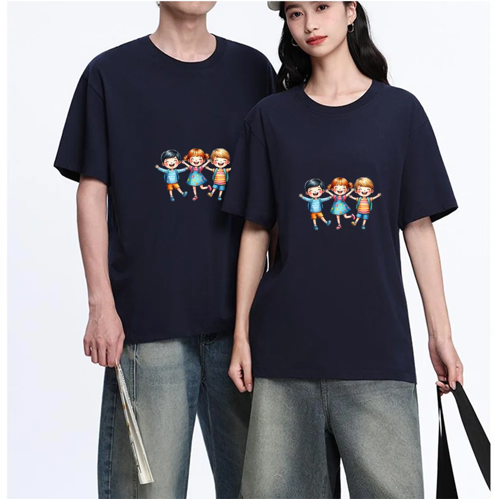 Cute Kids With Backpacks Printed T Shirt Breathable Fabric S-XXL Personalized Custom Casual Short Sleeve Tee Unisex Fit Aestheti