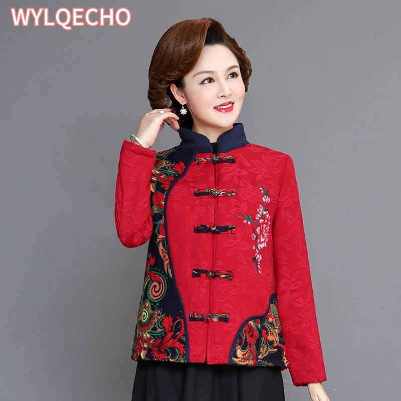 Traditional Chinese Style Autumn Women Cotton Warm Retro Fashion Printed Jackets Cardigan Outerwear Coat Tops Oriental Clothing