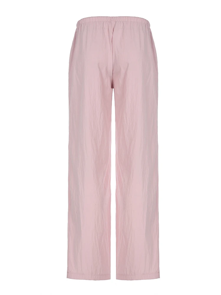 Sweetown Pink Solid Loose Casual Woven Straight Leg Pants Women Drawstring Low Waist Y2K Baggy Jogging Trousers