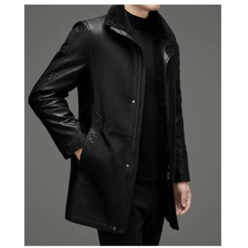 High Quality New Fashion Casual Fur Integrated Leather Coat Winter Men Mid-Length Thickened Wool Liner Warm Sheep Leather Jacket - Image 2