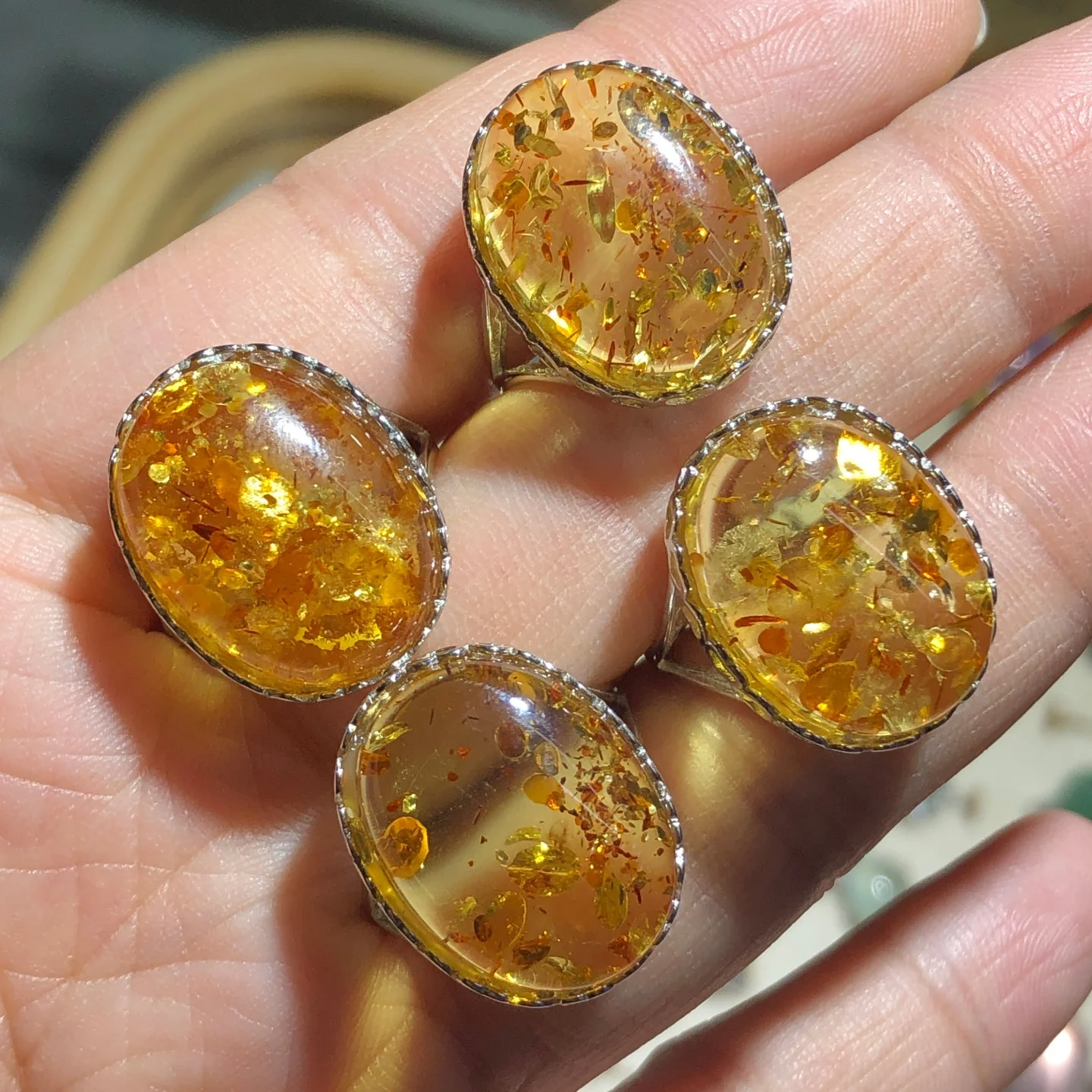 1 Pc Fengbaowu Natural Flower Amber Oval Cabochon Ring 15x20MM 925 Sterling Silver Reiki Healing Stone Jewelry Gift For Women