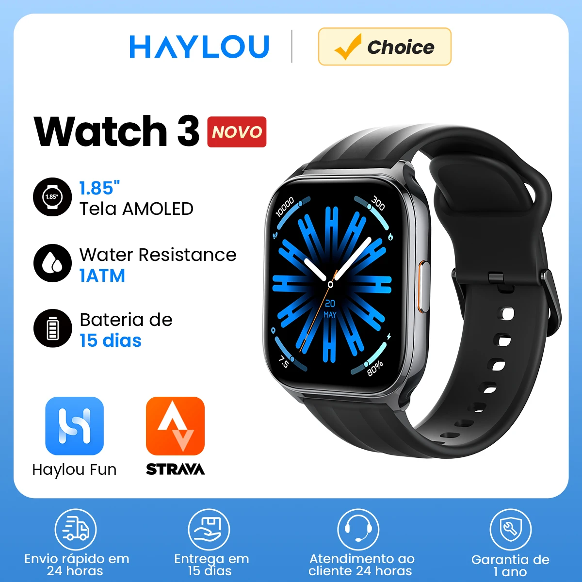 Relógio HAYLOU 3 com Chamadas de Voz, Smartwatch com Tela AMOLED de 1.85'', Monitoramento de Saúde 24h, 150+ Modos de Esporte, Relógio Inteligente à Prova d'Água 1ATM