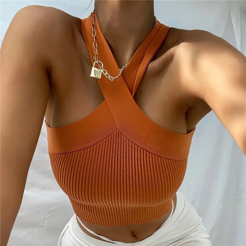 

Summer New Women's Crossover Design Backless Knitted Camisole Vest Street Trendsetters Female Solid Fashion Slim Halter Tank Top