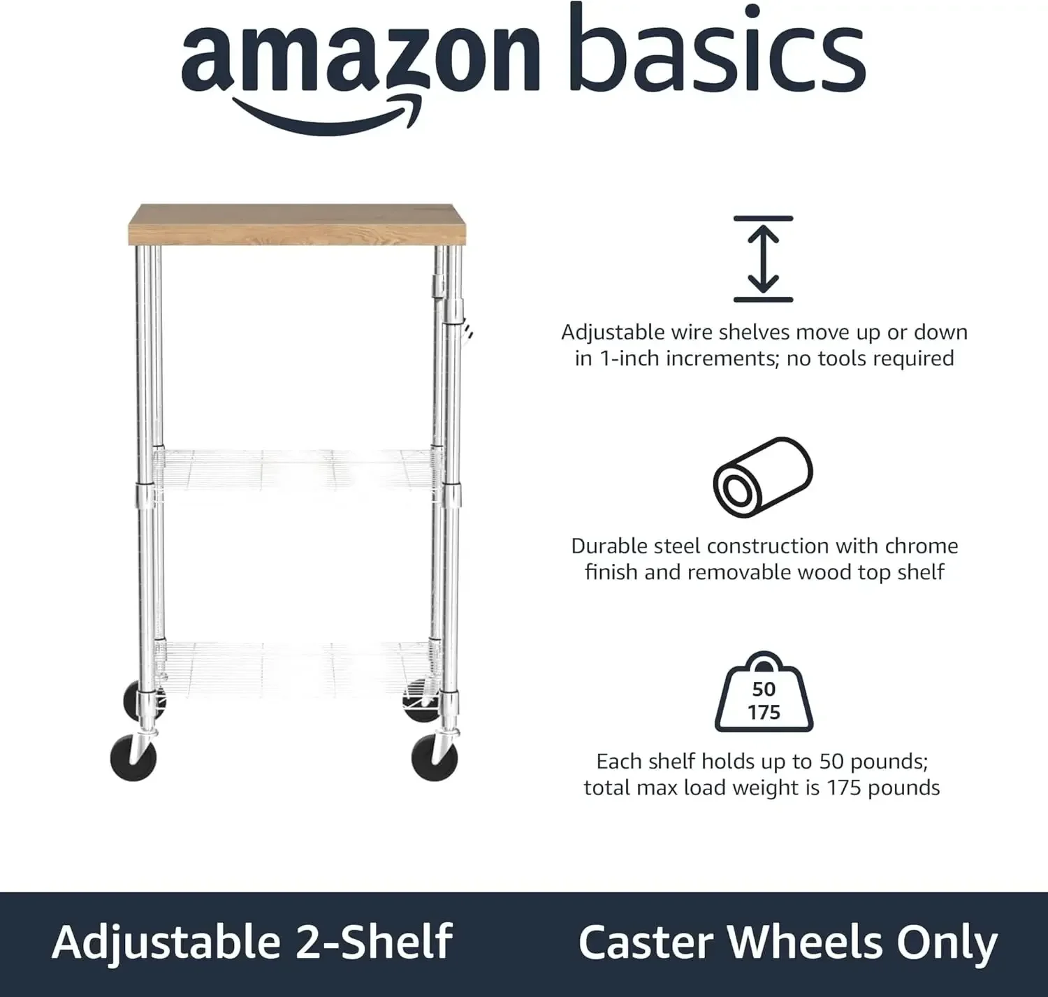 Kitchen Storage Microwave Rack Cart on Caster Wheels with Adjustable Shelves, 175 Pound Capacity, 21 x 15 x 36.7 inches