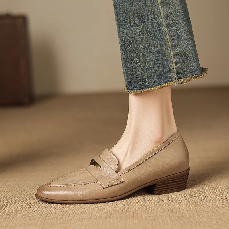 2026 new spring summer women pumps natural leather 22-25cm cowhide+pigskin pointed toe metal decoration loafers women shoes