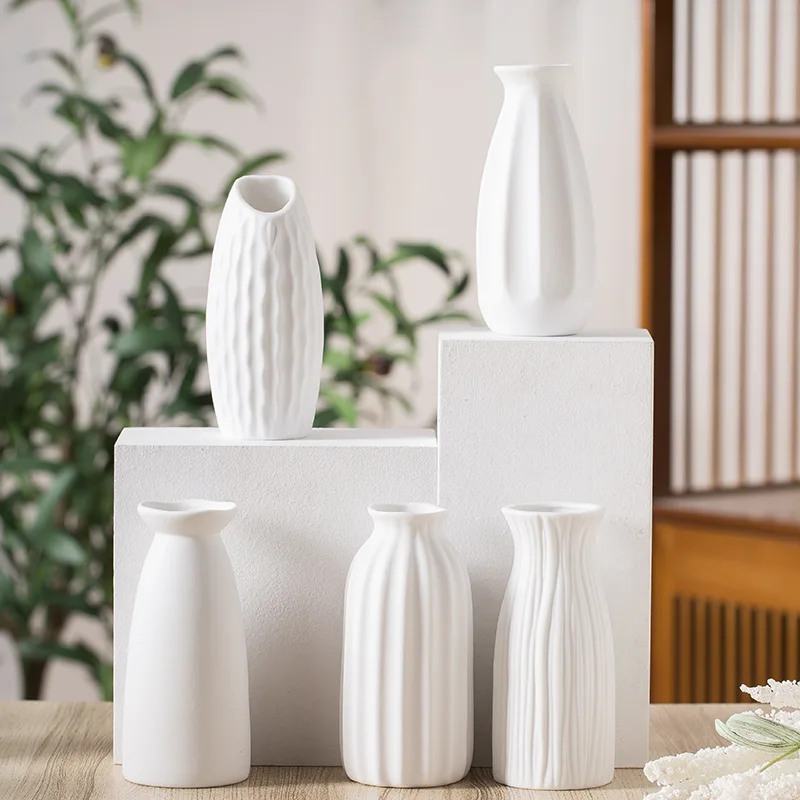 Nordic Plain Fired Matte White Ceramic Flower Arranging Small Vase Creative Simple Living Room Home Dry Flower Decorations Gift