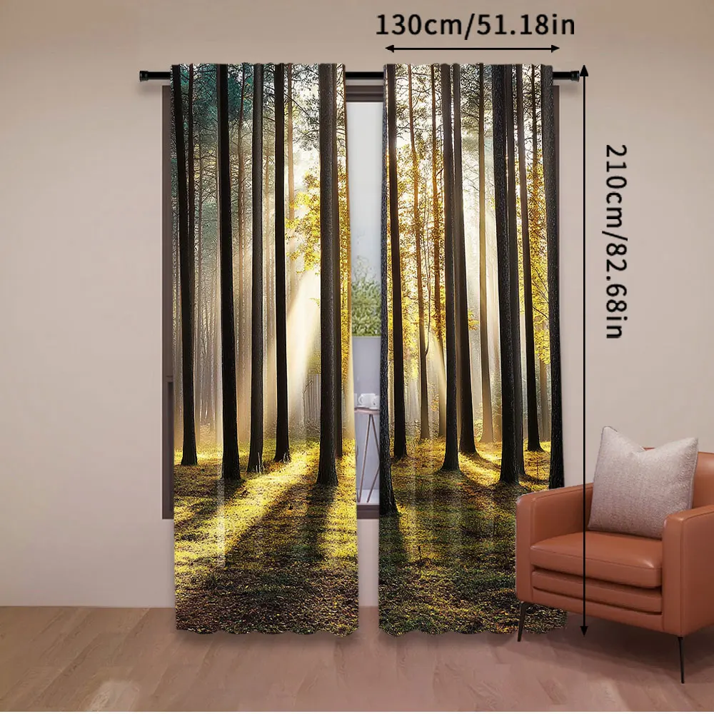 2Pcs Forest Curtains Landscape Sunrise In The Forest Leaves In Seasonal Woodland Scenery Photo For Bedroom Bathroom Living Room