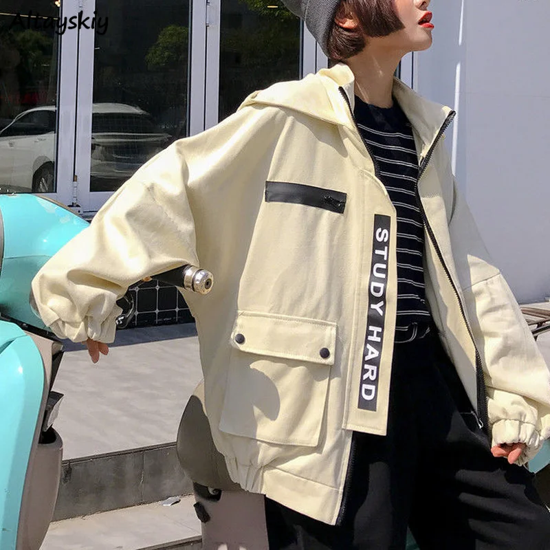 

Basic Jackets Women Letter Pocket Unisex BF Outwear Female Hip-hop Deisgn Ulzzang Stylish Retro Daily Ins All-match Streetwear