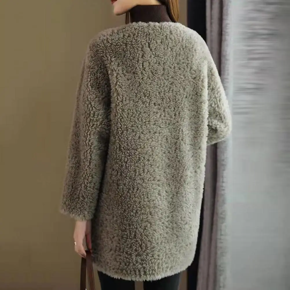 

Women Winter Jacket Stylish Plush Winter Coat with Single Breasted Design Pockets Mid-length Imitation Fur Outerwear for Women