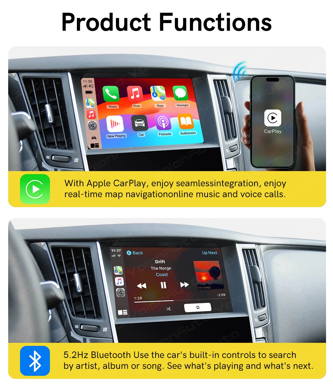 YolanAuto Kabelloses CarPlay Android Auto für Infiniti Q50 Q50L Q60 QX50 QX60 QX70 2013-2020 Unterstützt GPS Musik Airplay 360-Grad-Kamera – Detail 4