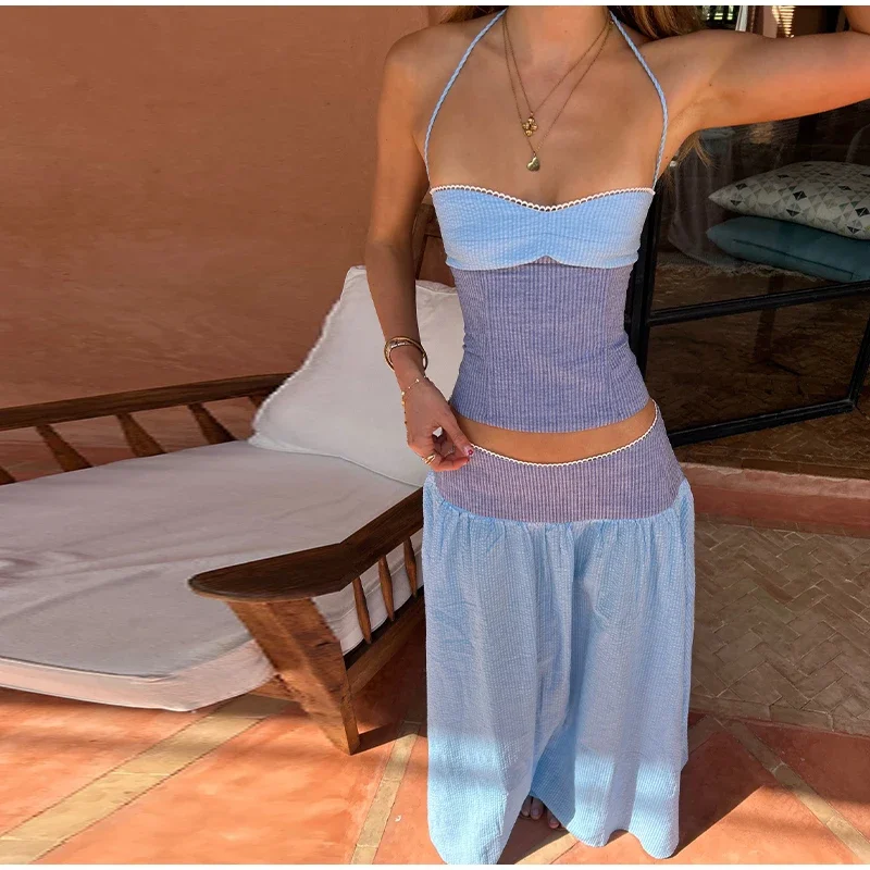 Sexy Neckholder-Crop-Top und Rock-Set für Damen – Strand-Outfit mit kontrastierendem Slim-Strick-Top und langem A-Linien-Rock – Zweiteiliges Set für den Sommer 2026 – Damen-Strandmode – Detail 10