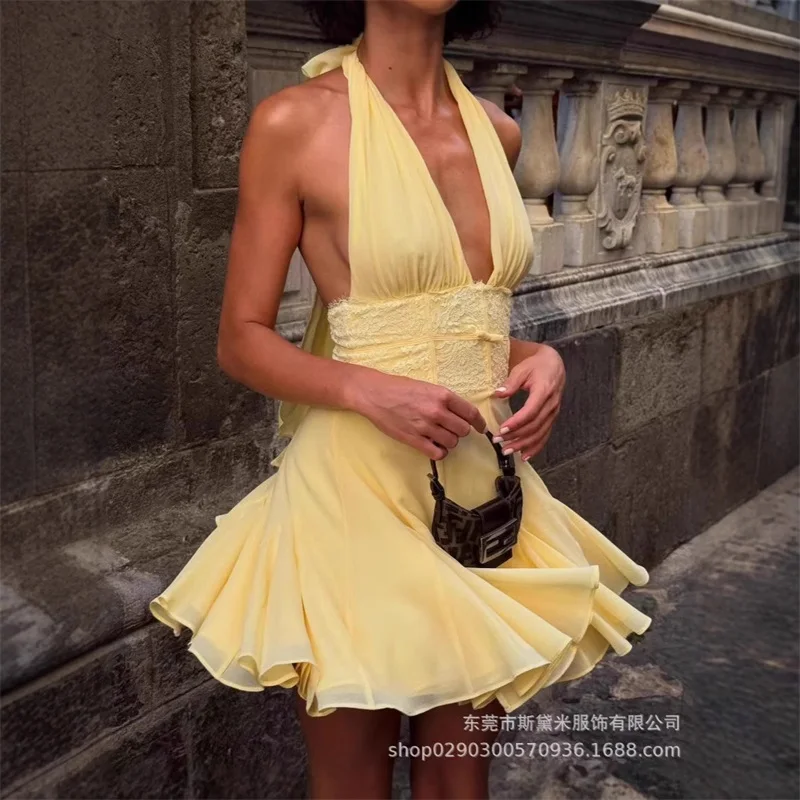 

Sexy Yellow Wasited Women Pleated Skirt For Nightclub Long Slit Backless Clubwear Slim Fit Sleeveless Fashion Trendy Outfit