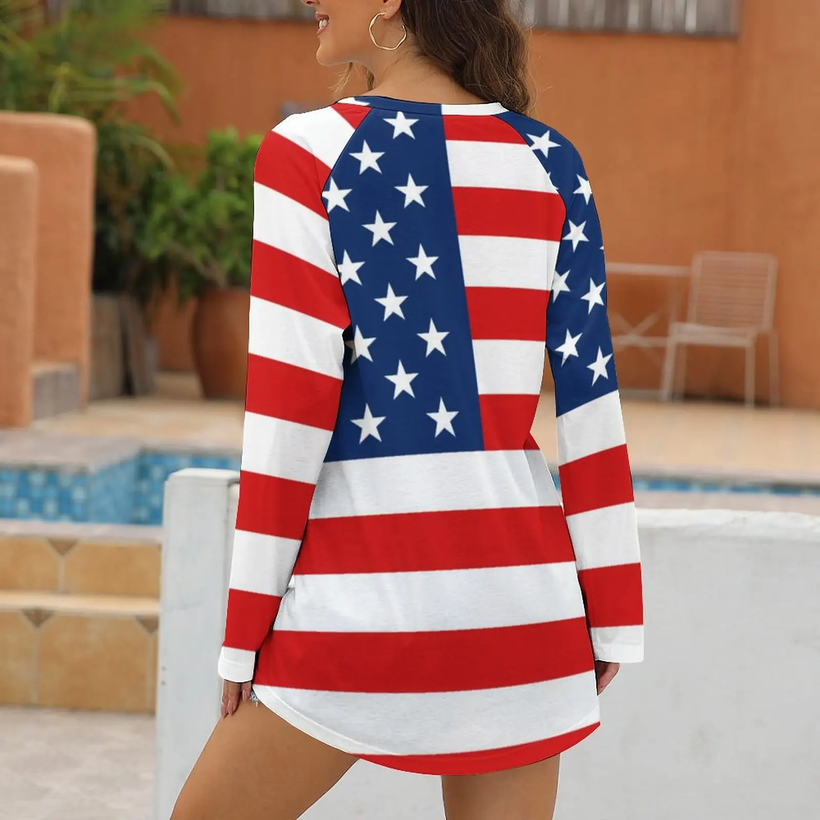 American Flag T Shirts 4th of July Blue Red Stripe Modern T-Shirt Ladies Long Sleeve Casual Tshirt Cheap Oversized Graphic Tees