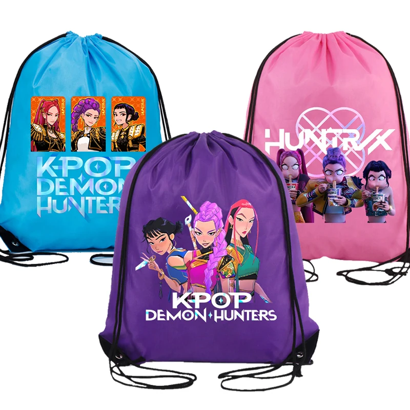 

K Pop Demon Huntersd Drawstring Bags Kawaii Cartoon Character Printed Storage Bags Boys Girls Large Capacity Waterproof Backpack