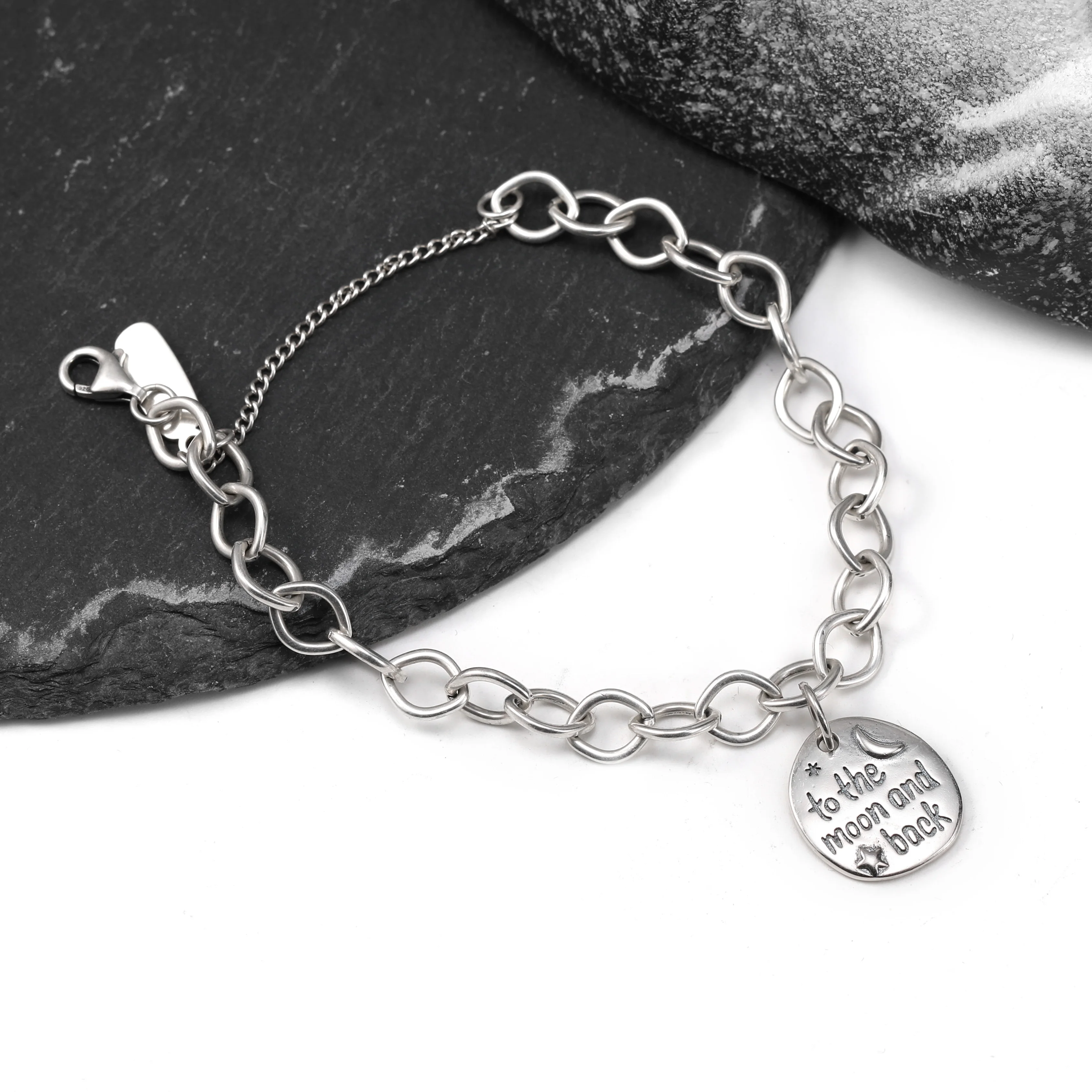 

Genuine 925 sterling silver Forged Link Charm Bracelet paired with "To and from the moon" pendant