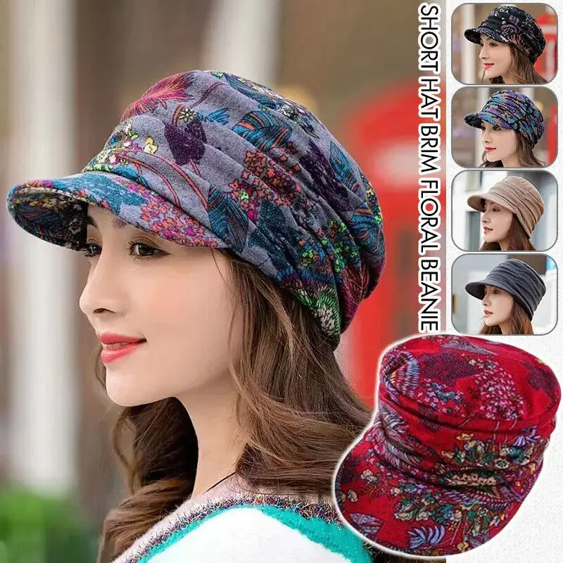 Women Hat Short Brim Warm Foldable Earflap Women Cap Ethnic Style Floral Print Autumn Winter Hat Daily Clothing Turban Visor