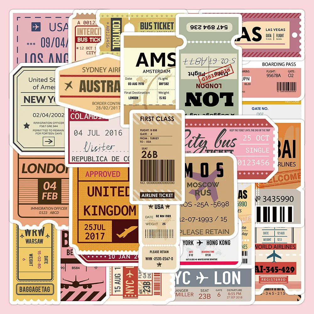 60 Pieces of Vintage Airplane Transportation Ticket Waterproof Stickers for Journals, Phone Case Decoration Stickers, Journal Stickers, Stickers, Waterproof Stickers, Advantages: Waterproof, Reusable, No Residue, Beautifully Designed.