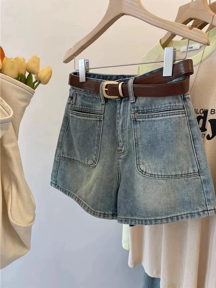 

2024 Women Summer Retro Solid Color Denim Shorts Female Fashion Thin High Waist Short Jeans Ladies Loose Wide Leg Shorts L78