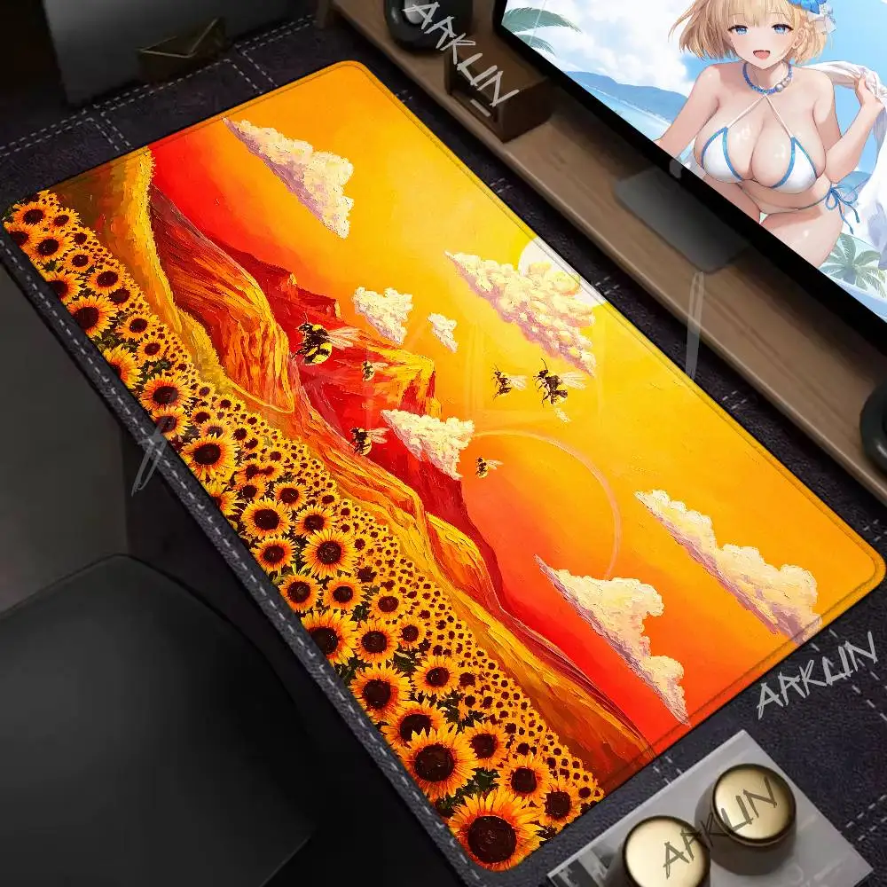 

Beautiful Sunflower Field Bee Art Mouse Pad, Large Extended Inspired Sunset Desk Mat for Gaming PC Home Decor