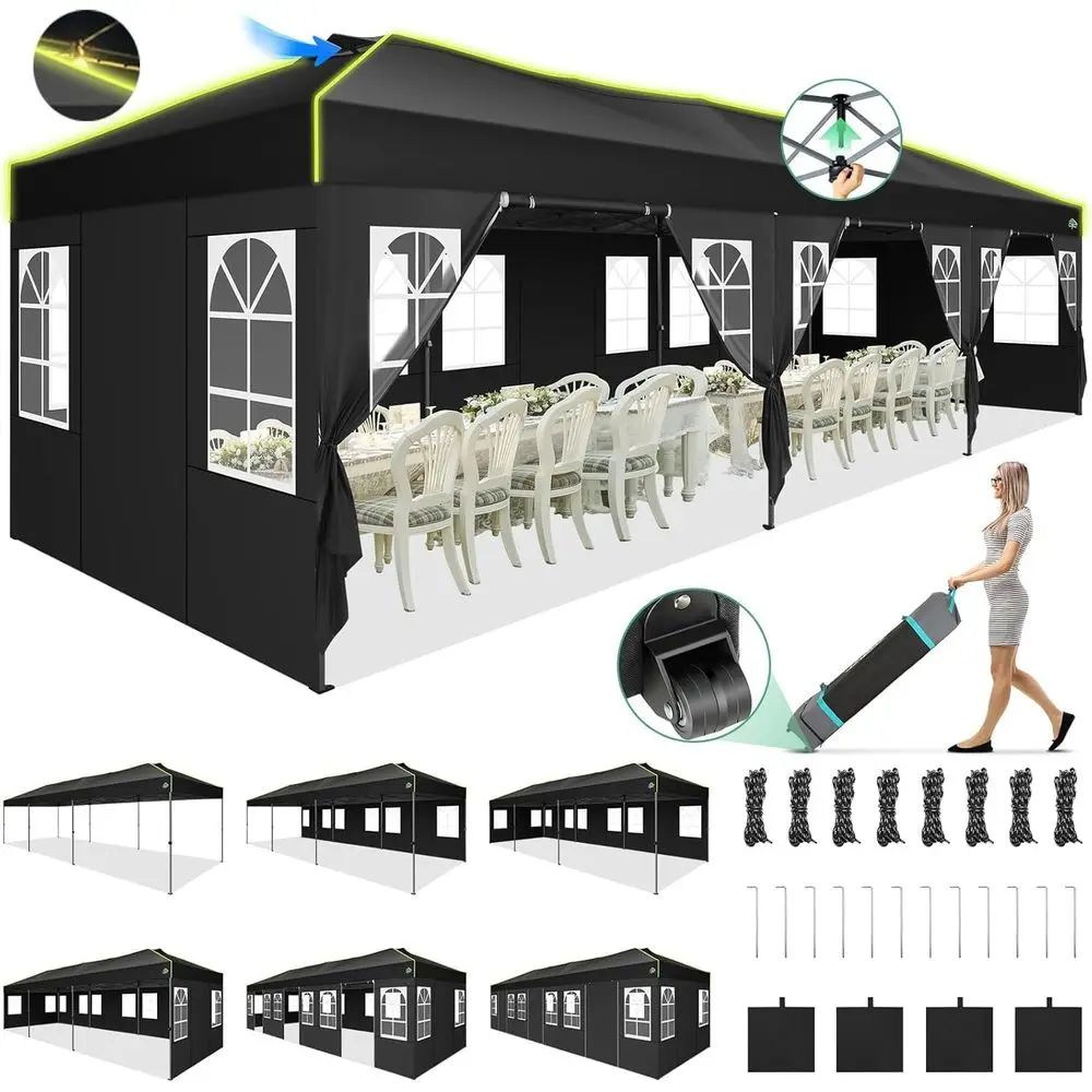 

10x30 Pop Canopy Tent, Wedding Party Tent with 8 Sidewall One Push Setup Glow, 3 Adjustable Height Air Vent Waterproof UPF50