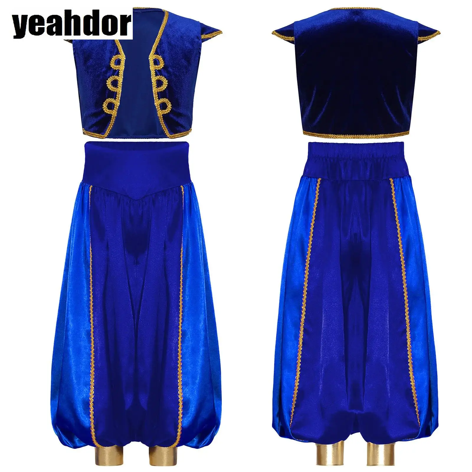 

Mythical Arabian Prince Dress Up Boys Aladdins Costume Cap Sleeve Waistcoat Vest Top+Bloomers Pants Halloween Belly Dance Oufits