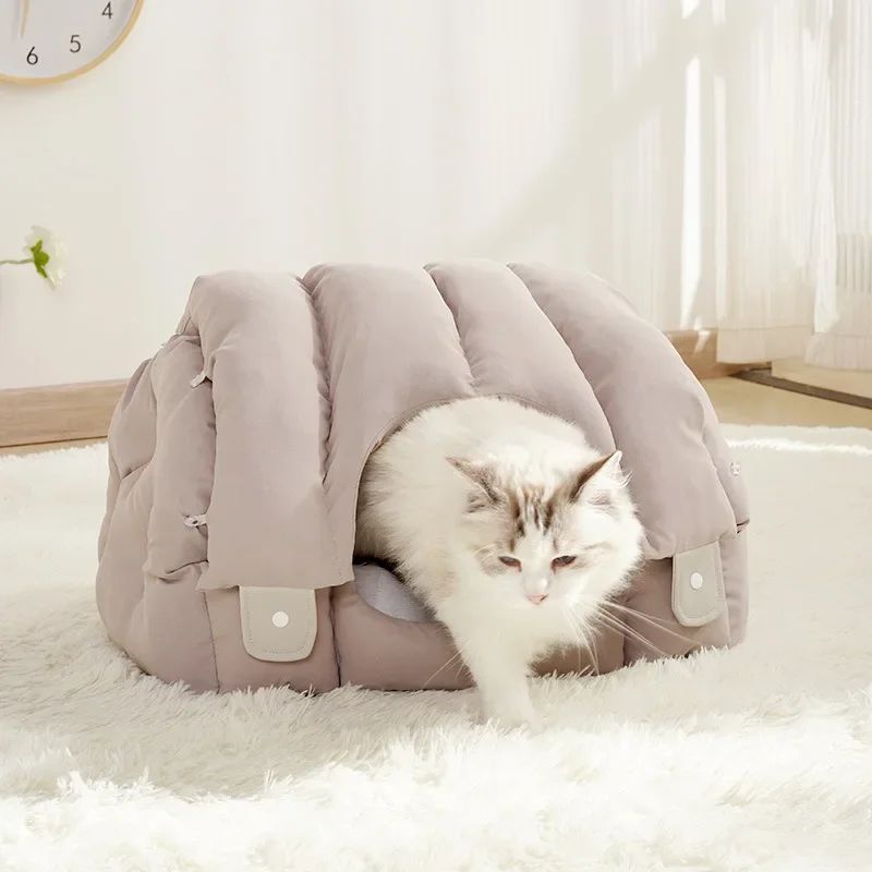 Pet Dog Cat Round Plush Bed Semi-Enclosed Cat Nest for Deep Sleep Comfort In Winter Cats Bed Little Mat Basket Soft Kennel