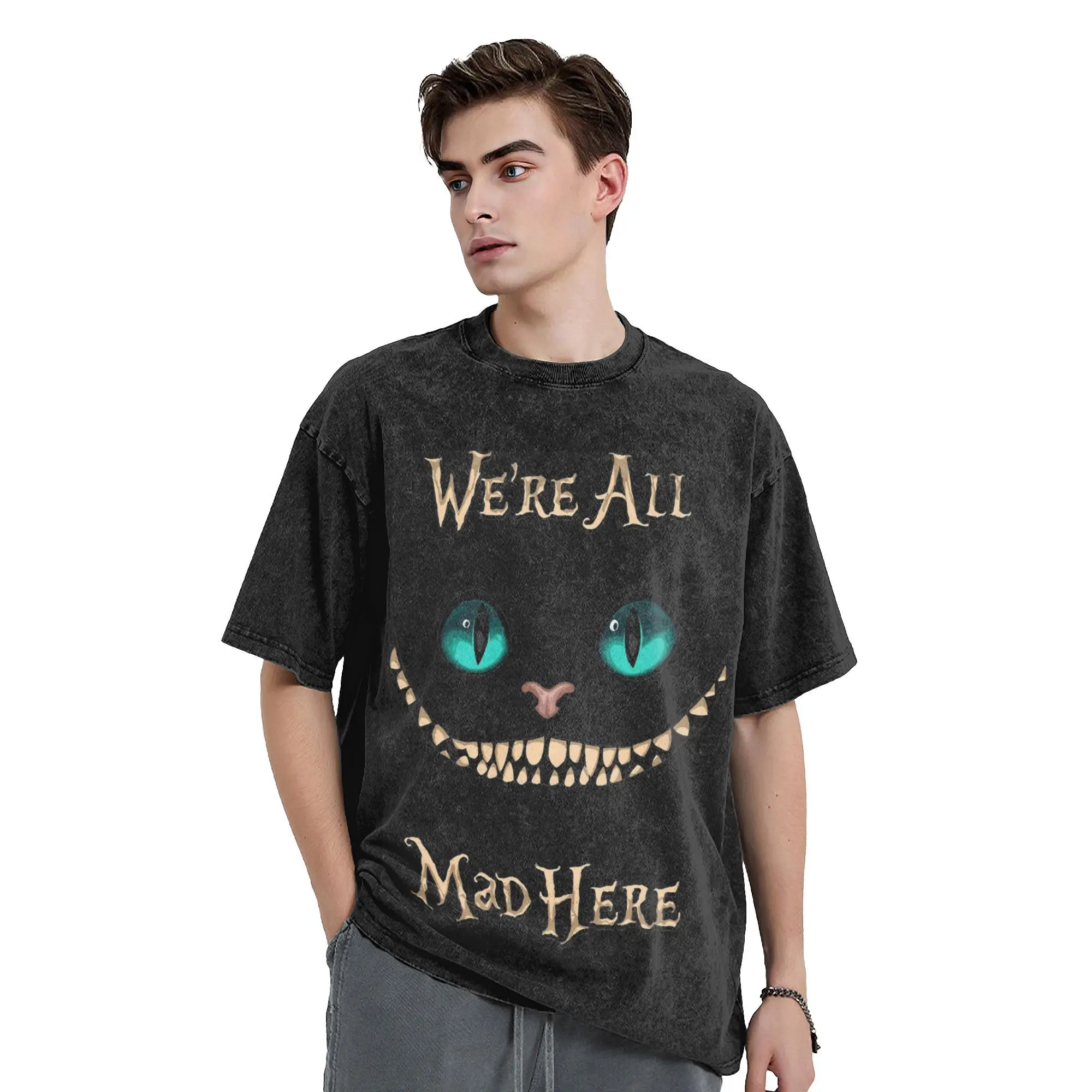 Graphic Printed Alice In Wonderland Cheshire Cat  Washed Shirt Outfit Harajuku T-Shirts  for Men Women Tee