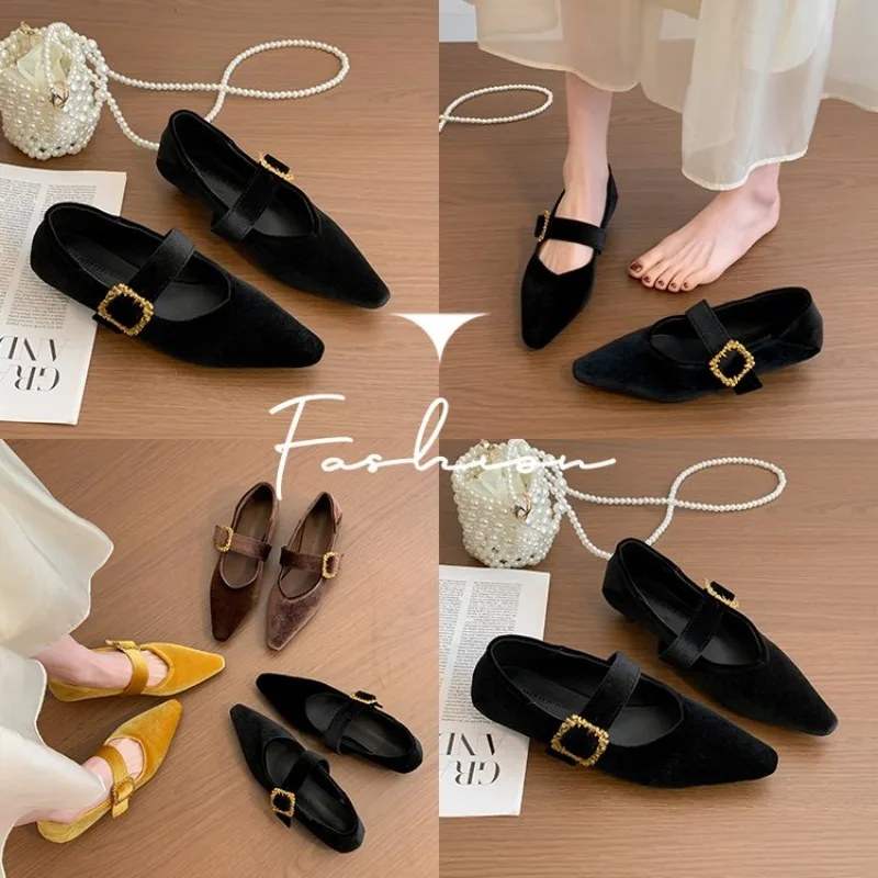 Pointed Toe Velour Mary Jane Shoes Woman Brand Design Gold Buckle Ballet Flats Ladies Elegant Low Heel Party Velvet Zapatos