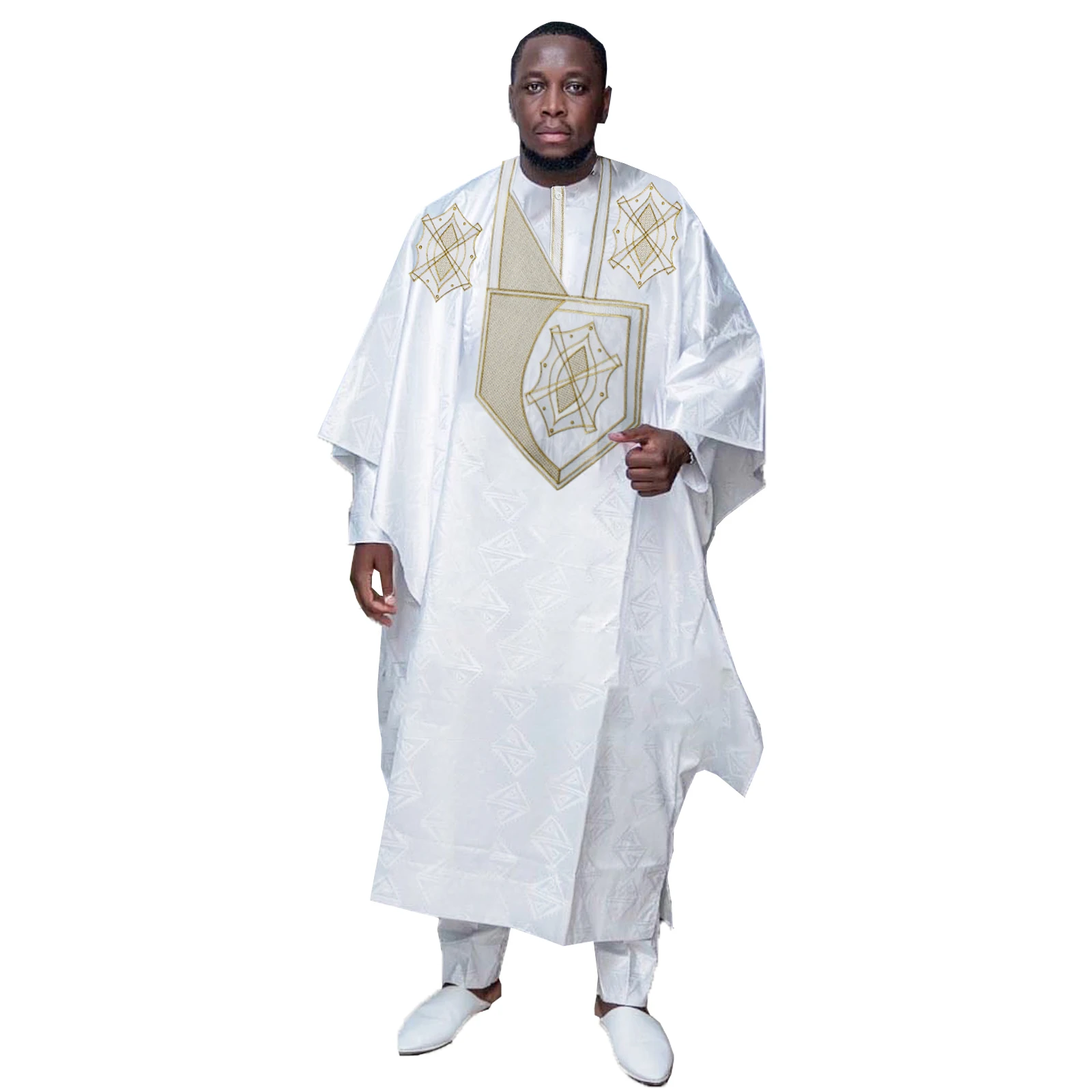 African Clothing For Men Traditional Bazin Riche Embroidery Design Top Long Sleeve 3 Piece Set