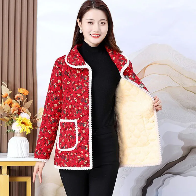 New Winter Cashmere Warm Padded Jacket Middle-Aged Women's Down Cotton Coat Printed Outerwear Casual Female Parker Overcoat 5XL