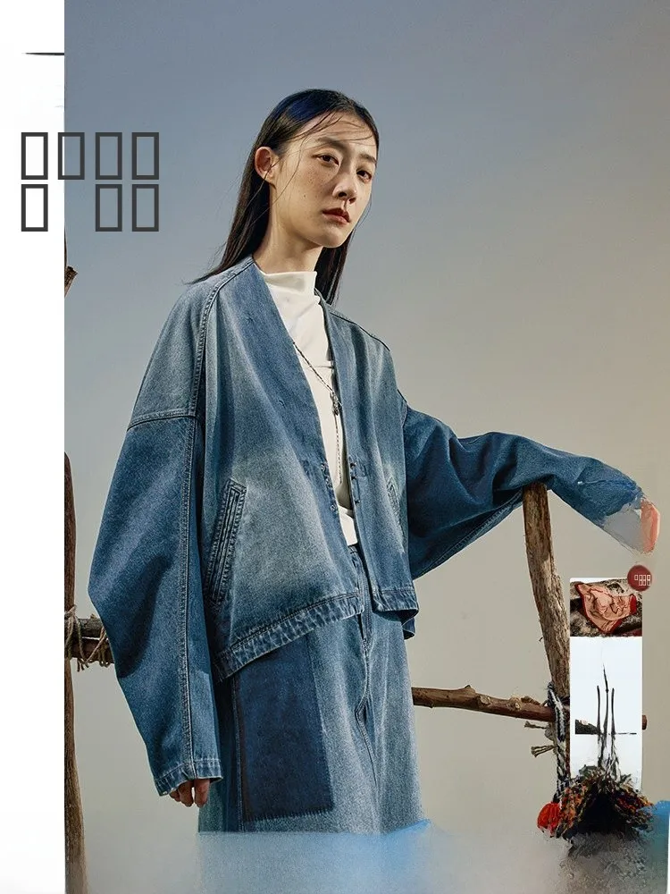 

Unique Women's Denim Jaet Bucolic Blue Spring 2026 Casual Loose Fit ort Coat Cotton Material ex Non-Cap Sve Long