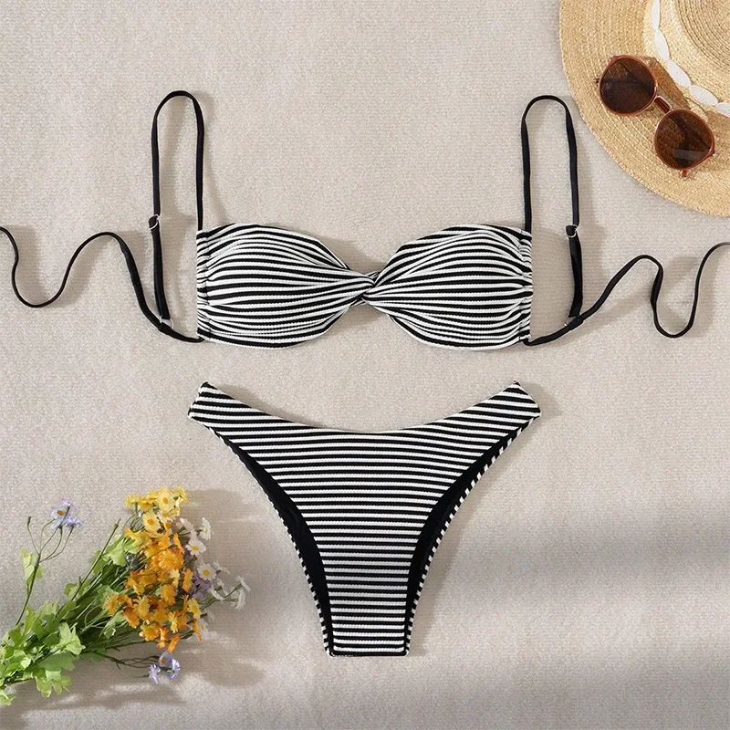 Sexy branco preto listrado com nervuras conjuntos de biquínis duas peças gravata sem costas tanga maiô maiô praia outfits biquini