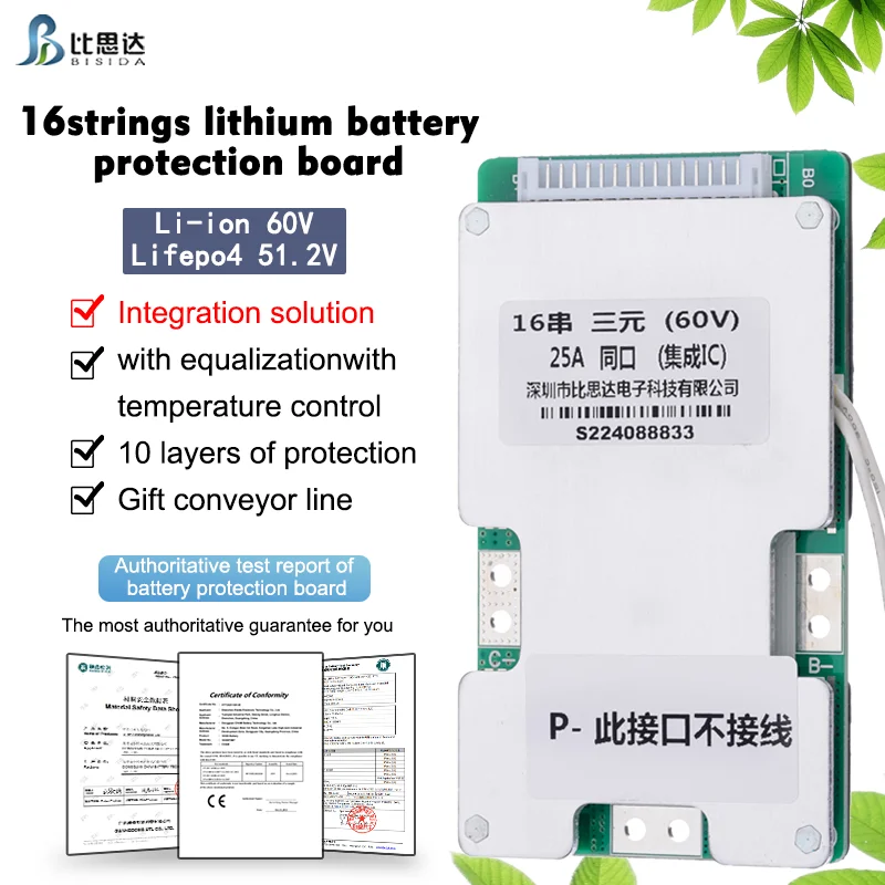 Bisida BMS 16S 60V common port protection board with balance line and NTC for solar storage lithium-ion battery pack