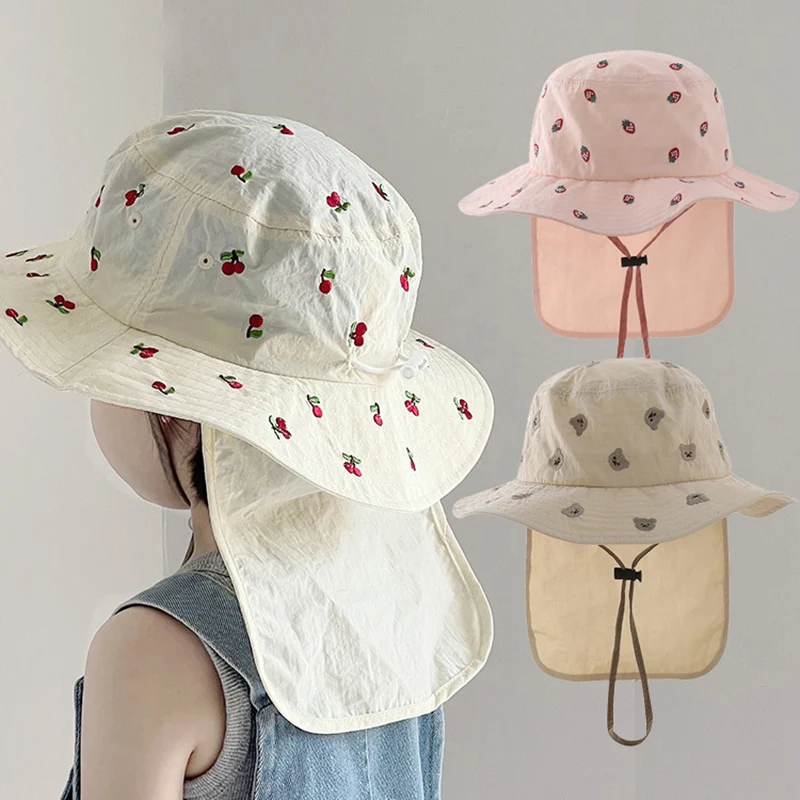 

Hot Summer Baby Sun Hat Quick-dry Beach Children Panama Cap for Girls Boys Embroidery Cartoon Kids Bucket Hats Neck Protection