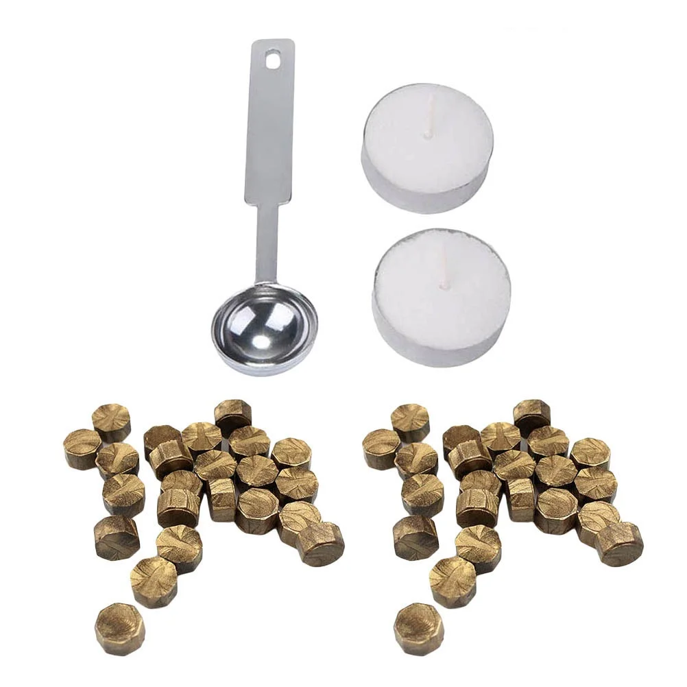 

103 pcs Sealing Wax Bead Set Bronze Octagon Wax Seal Beads Melting Spoon 2 Candles Ideal Envelopes Invitations Gifts Wedding